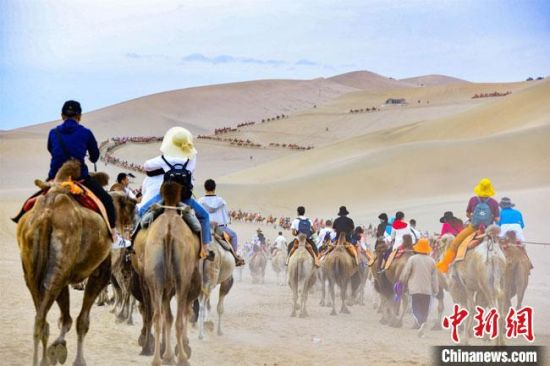 8月11日，游客骑骆驼畅游鸣沙山，观赏大漠如画美景。　王斌银 摄