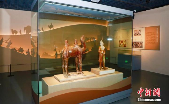 图为现场展出的三彩牵驼俑和三彩骆驼。中国丝绸博物馆 供图
