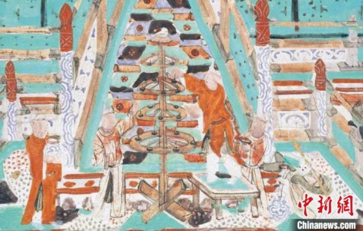 图为敦煌莫高窟第146窟(五代)《五层灯轮》。(敦煌研究院供图)